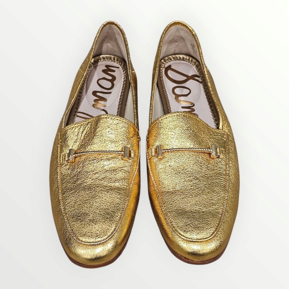 SAM EDELMAN Lior Metallic Gold Leather Horsebit Flat Loafers 8M - Picture 3 of 8